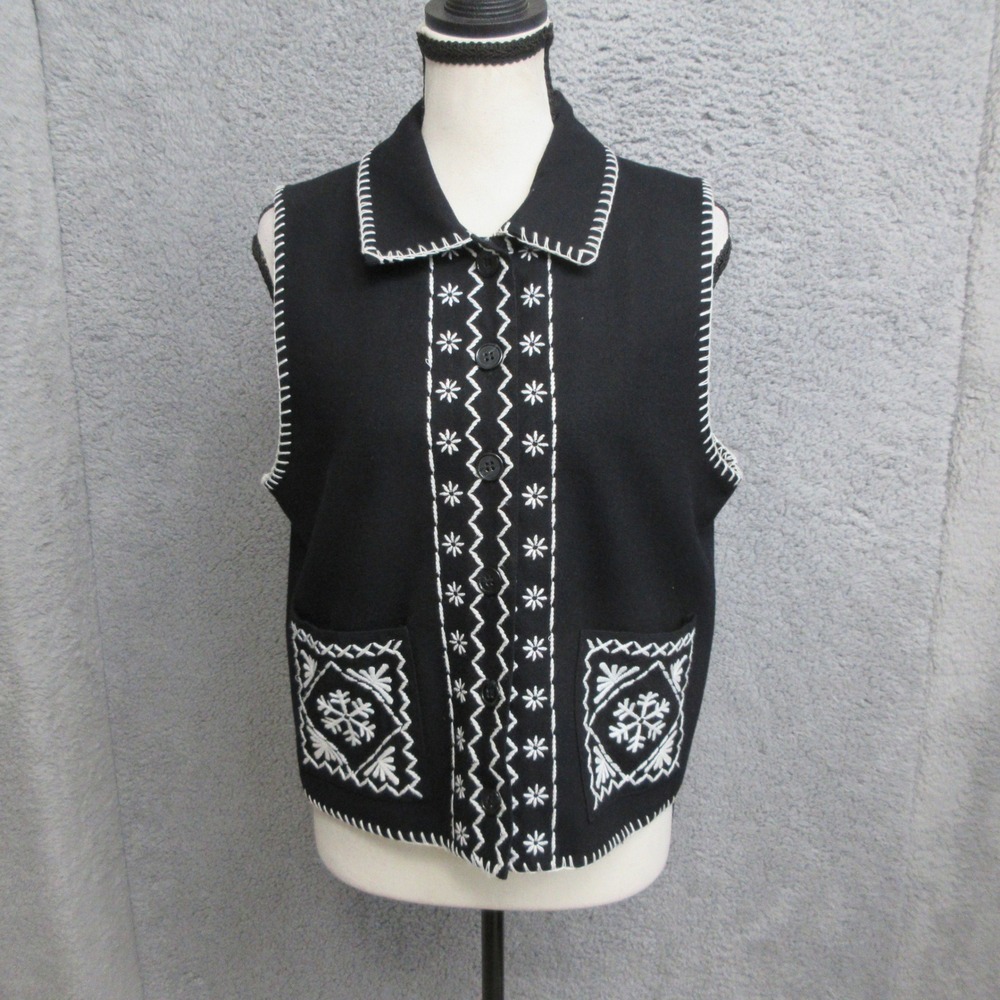Vintage Talbots Vest Women S Black Embroider Snowflake Nordic Cabincore Festive